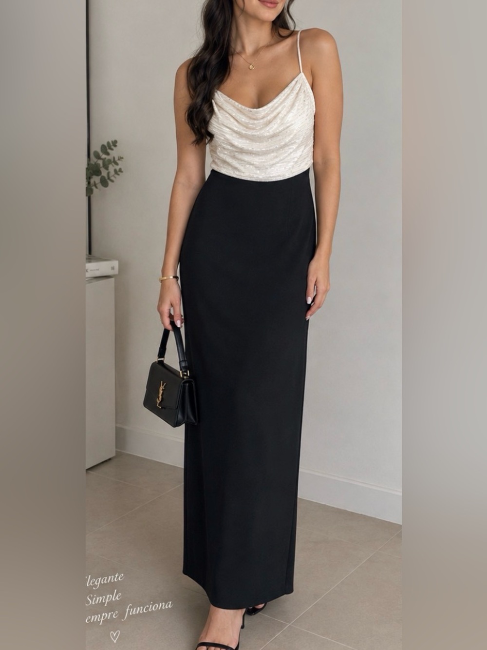 Eliza J Black Maxi Skirt with Ivory Draped Top
